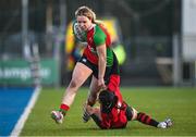 6 January 2024; Alana McInerney of Clovers is tackled by Eleanor Hing of Brython Thunder during the Celtic Challenge match between Clovers and Brython Thunder at Energia Park in Dublin. Photo by Seb Daly/Sportsfile