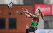 6 January 2024; Ruth Campbell of Clovers takes possession in a lineout during the Celtic Challenge match between Clovers and Brython Thunder at Energia Park in Dublin. Photo by Seb Daly/Sportsfile