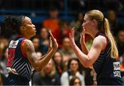 6 January 2024; Kyaja Williams of Brunell, left, celebrates a basket with teammate Lauryn Homan during the Basketball Ireland Pat Paudie O'Connor Cup semi-final match between Pyrobel Killester and Gurranabraher Credit Union Brunell at Neptune Stadium in Cork. Photo by Eóin Noonan/Sportsfile