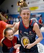 6 January 2024; Edel Thornton of Brunell celebrates with a supporter after the Basketball Ireland Pat Paudie O'Connor Cup semi-final match between Pyrobel Killester and Gurranabraher Credit Union Brunell at Neptune Stadium in Cork. Photo by Eóin Noonan/Sportsfile