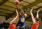6 January 2024; Jayla Johnson of Brunell in action against Claire Melia of Killester during the Basketball Ireland Pat Paudie O'Connor Cup semi-final match between Pyrobel Killester and Gurranabraher Credit Union Brunell at Neptune Stadium in Cork. Photo by Eóin Noonan/Sportsfile