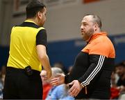 6 January 2024; Killester head coach Mark Grennell protests to an official during the Basketball Ireland Pat Paudie O'Connor Cup semi-final match between Pyrobel Killester and Gurranabraher Credit Union Brunell at Neptune Stadium in Cork. Photo by Eóin Noonan/Sportsfile