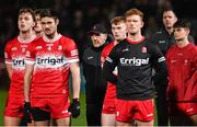 6 January 2024; Derry manager Mickey Harte stands with his team before the Bank of Ireland Dr McKenna Cup Group B match between Derry and Down at Celtic Park in Derry. Photo by Ramsey Cardy/Sportsfile