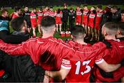 6 January 2024; Derry manager Mickey Harte speaks to his team before the Bank of Ireland Dr McKenna Cup Group B match between Derry and Down at Celtic Park in Derry. Photo by Ramsey Cardy/Sportsfile