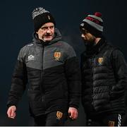 6 January 2024; Down manager Conor Laverty, right, and coach Ciaran Meenagh during the Bank of Ireland Dr McKenna Cup Group B match between Derry and Down at Celtic Park in Derry. Photo by Ramsey Cardy/Sportsfile