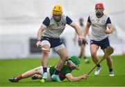 6 January 2024; Matthew Connor of Mayo is tackled by Eanna Barry of New York during the Connacht Hurling League Cup final match between New York and Mayo at University of Galway Connacht GAA AirDome in Bekan, Mayo. Photo by Tyler Miller/Sportsfile