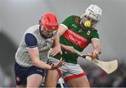 6 January 2024; Shane Crinnigan of Mayo is dispossessed by Ger McPartland of New York during the Connacht Hurling League Cup final match between New York and Mayo at University of Galway Connacht GAA AirDome in Bekan, Mayo. Photo by Tyler Miller/Sportsfile