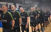 6 January 2024; Kieran Donaghy of Tralee Warriors stands for the national anthem before the Basketball Ireland Pat Duffy National Cup semi-final match between Garvey’s Tralee Warriors and Irish Guide Dogs Ballincollig at Neptune Stadium in Cork. Photo by Eóin Noonan/Sportsfile