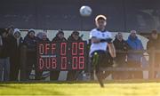 6 January 2024; A general view of the scoreboard as Dublin goalkeeper Evan Comerford takes a kick-out during the Dioralyte O'Byrne Cup quarter-final match between Offaly and Dublin at Gracefield GAA club in Kilmalogue, Offaly. Photo by Piaras Ó Mídheach/Sportsfile