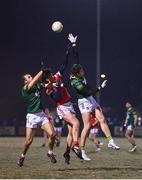 6 January 2024; Meath players Shane Walsh, left, and Daithí McGowan in action against Ciaran Murphy of Louth during the Dioralyte O'Byrne Cup quarter-final match between Meath and Louth at Donaghmore Ashbourne GAA Club in Ashbourne, Meath. Photo by Seb Daly/Sportsfile