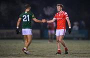 6 January 2024; Leonard Grey of Louth and Shane Walsh of Meath shake hands after during the Dioralyte O'Byrne Cup quarter-final match between Meath and Louth at Donaghmore Ashbourne GAA Club in Ashbourne, Meath. Photo by Seb Daly/Sportsfile
