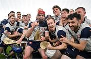 6 January 2024; New York players, including Darragh Moran, 6, celebrate after their side's victory in the Connacht Hurling League Cup final match between New York and Mayo at University of Galway Connacht GAA AirDome in Bekan, Mayo. Photo by Tyler Miller/Sportsfile