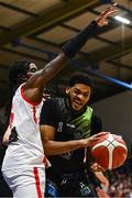 6 January 2024; Jarvis Doles of Tralee Warriors in action against Andre Nation of Ballincollig during the Basketball Ireland Pat Duffy National Cup semi-final match between Garvey’s Tralee Warriors and Irish Guide Dogs Ballincollig at Neptune Stadium in Cork. Photo by Eóin Noonan/Sportsfile