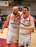 6 January 2024; Ballincollig players, Keelan Cairns, left, and Ciara´n O’Sullivan after the Basketball Ireland Pat Duffy National Cup semi-final match between Garvey’s Tralee Warriors and Irish Guide Dogs Ballincollig at Neptune Stadium in Cork. Photo by Eóin Noonan/Sportsfile