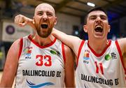 6 January 2024; Ballincollig players, Keelan Cairns, left, and Ciara´n O’Sullivan after the Basketball Ireland Pat Duffy National Cup semi-final match between Garvey’s Tralee Warriors and Irish Guide Dogs Ballincollig at Neptune Stadium in Cork. Photo by Eóin Noonan/Sportsfile