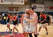 6 January 2024; Ballincollig players, Keelan Cairns, left, and Ciara´n O’Sullivan after the Basketball Ireland Pat Duffy National Cup semi-final match between Garvey’s Tralee Warriors and Irish Guide Dogs Ballincollig at Neptune Stadium in Cork. Photo by Eóin Noonan/Sportsfile