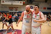 6 January 2024; Ballincollig players, Keelan Cairns, left, and Ciara´n O’Sullivan after the Basketball Ireland Pat Duffy National Cup semi-final match between Garvey’s Tralee Warriors and Irish Guide Dogs Ballincollig at Neptune Stadium in Cork. Photo by Eóin Noonan/Sportsfile