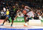 6 January 2024; Andre Nation of Ballincollig in action against Caleb Jordan of Tralee Warriors during the Basketball Ireland Pat Duffy National Cup semi-final match between Garvey’s Tralee Warriors and Irish Guide Dogs Ballincollig at Neptune Stadium in Cork. Photo by Eóin Noonan/Sportsfile