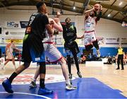 6 January 2024; Shawndale Jones Jnr of Ballincollig in action against Jarvis Doles of Tralee Warriors during the Basketball Ireland Pat Duffy National Cup semi-final match between Garvey’s Tralee Warriors and Irish Guide Dogs Ballincollig at Neptune Stadium in Cork. Photo by Eóin Noonan/Sportsfile