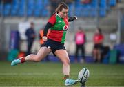 6 January 2024; Méabh Deely of Clovers kicks a conversion during the Celtic Challenge match between Clovers and Brython Thunder at Energia Park in Dublin. Photo by Seb Daly/Sportsfile