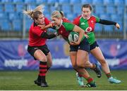 6 January 2024; Aoife Corey of Clovers is tackled by Ellie May Tromans of Brython Thunder during the Celtic Challenge match between Clovers and Brython Thunder at Energia Park in Dublin. Photo by Seb Daly/Sportsfile