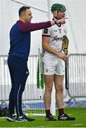 6 January 2024; Galway manager Declan Molloy issues instructions to Galway goalkeeper Ben Murphy before the Connacht Hurling League Shield final match between Roscommon and Galway at University of Galway Connacht GAA AirDome in Bekan, Mayo. Photo by Tyler Miller/Sportsfile