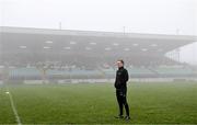 7 January 2024; Referee Eamonn Furlong inspects the pitch in heavy fog before abandoning the Dioralyte Walsh Cup Round 2 match between Carlow and Kilkenny at Netwatch Cullen Park in Carlow. Photo by Sam Barnes/Sportsfile