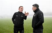 7 January 2024; Referee Eamonn Furlong, left, in conversation with Kilkenny manager Derek Lyng before abandoning the Dioralyte Walsh Cup Round 2 match between Carlow and Kilkenny at Netwatch Cullen Park in Carlow. Photo by Sam Barnes/Sportsfile