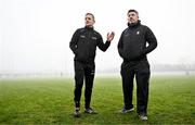 7 January 2024; Referee Eamonn Furlong, left, in conversation with Kilkenny manager Derek Lyng before abandoning the Dioralyte Walsh Cup Round 2 match between Carlow and Kilkenny at Netwatch Cullen Park in Carlow. Photo by Sam Barnes/Sportsfile
