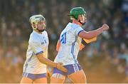 7 January 2024; Jack Prendergast of Waterford, right, celebrates with teammate Padraig Fitzgerald after scoring his side's first goal during the Co-Op Superstores Munster Hurling League Group B match between Waterford and Tipperary at Fraher Field in Dungarvan, Waterford. Photo by Harry Murphy/Sportsfile