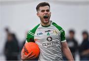 7 January 2024; Fiontan Eastwood of London celebrates after his side's victory in the Connacht FBD League quarter-final match between Mayo and London at University of Galway Connacht GAA AirDome in Bekan, Mayo. Photo by Tyler Miller/Sportsfile
