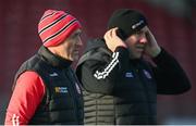 7 January 2024; Tyrone joint-managers Brian Dooher, left, and Feargal Logan during the Bank of Ireland Dr McKenna Cup Group A match between Tyrone and Donegal at O’Neills Healy Park in Omagh, Tyrone. Photo by Ramsey Cardy/Sportsfile