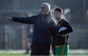 7 January 2024; Donegal manager Jim McGuinness, left, and Ryan McHugh before the Bank of Ireland Dr McKenna Cup Group A match between Tyrone and Donegal at O’Neills Healy Park in Omagh, Tyrone. Photo by Ramsey Cardy/Sportsfile