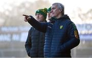 7 January 2024; Donegal manager Jim McGuinness, right, with selectors Neil McGee, centre, and Colm McFadden during the Bank of Ireland Dr McKenna Cup Group A match between Tyrone and Donegal at O’Neills Healy Park in Omagh, Tyrone. Photo by Ramsey Cardy/Sportsfile