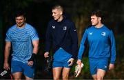 8 January 2024; Leinster players, from left, Thomas Clarkson, Sam Prendergast and Rob Russell during a Leinster Rugby squad training session at UCD in Dublin. Photo by Harry Murphy/Sportsfile