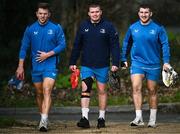 8 January 2024; Leinster players, from left, Lee Barron, Jack Boyle and John McKee during a Leinster Rugby squad training session at UCD in Dublin. Photo by Harry Murphy/Sportsfile