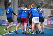 3 January 2024; North Midlands players celebrate their third try, scored by Daniel Gill, hidden, during the BearingPoint Shane Horgan Cup Round 2 match between Metro and North Midlands at Energia Park in Dublin. Photo by Ben McShane/Sportsfile