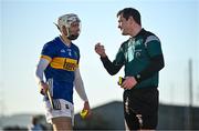 7 January 2024; Craig Morgan of Tipperary speaks to referee Simon Stokes during the Co-Op Superstores Munster Hurling League Group B match between Waterford and Tipperary at Fraher Field in Dungarvan, Waterford. Photo by Harry Murphy/Sportsfile