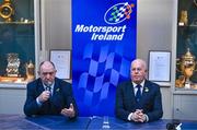 9 January 2024; Motorsport Ireland president Aiden Harper, right, and Motorsport Ireland vice-president John Naylor during a Motorsport Ireland press conference, at the Royal Irish Automobile Club on Dawson Street in Dublin, announcing their bid for a World Rally Championship round based in Ireland for the first time since 2009. Three locations in Kerry, Limerick, and the South East region, were nominated to be the location of the service parks for the proposed round in 2025, 2026 and 2027. Photo by Ben McShane/Sportsfile