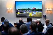 9 January 2024; Members of the media and car clubs view a video on the screen during a Motorsport Ireland press conference, at the Royal Irish Automobile Club on Dawson Street in Dublin, announcing their bid for a World Rally Championship round based in Ireland for the first time since 2009. Three locations in Kerry, Limerick, and the South East region, were nominated to be the location of the service parks for the proposed round in 2025, 2026 and 2027. Photo by Ben McShane/Sportsfile