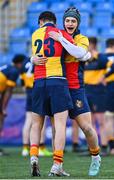 9 January 2024; Giovanni Nostro of St Fintan's, right, and team-mate Fionn MacDonald celebrate after their side's victory in the Bank of Ireland Vinnie Murray Cup Round 1 match between The Kings Hospital and St Fintan's High School at Energia Park in Dublin. Photo by Tyler Miller/Sportsfile