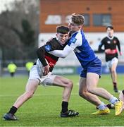 9 January 2024; Leo Kilroy of The High School in action against Jake Dolly of St Andrews College during the Bank of Ireland Vinnie Murray Cup Round 1 match between The High School and St Andrews College at Energia Park in Dublin. Photo by Tyler Miller/Sportsfile