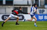 9 January 2024; Scott Behan of St Andrews College evades the tackle of Leo Kilroy of The High School during the Bank of Ireland Vinnie Murray Cup Round 1 match between The High School and St Andrews College at Energia Park in Dublin. Photo by Tyler Miller/Sportsfile