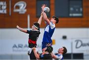 9 January 2024; Samuel McNamara of The High School and Thomas Ryan of St Andrews College battle for possession in a line-out during the Bank of Ireland Vinnie Murray Cup Round 1 match between The High School and St Andrews College at Energia Park in Dublin. Photo by Tyler Miller/Sportsfile