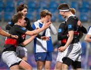 9 January 2024; Samuel McNamara of The High School, right, celebrates with team-mates after scoring their side's third try during the Bank of Ireland Vinnie Murray Cup Round 1 match between The High School and St Andrews College at Energia Park in Dublin. Photo by Tyler Miller/Sportsfile