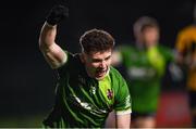 9 January 2024; Luke Donnelly of Queens celebrates after scoring his side's second goal during the Electric Ireland Higher Education GAA Sigerson Cup Round 1 match between Queens University Belfast and DCU at The Dub at Queen’s Sport in Belfast. Photo by Ramsey Cardy/Sportsfile