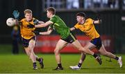 9 January 2024; Cormac Quinn of Queens under pressure from Kevin Quinn, left, and Keelin McGann of DCU during the Electric Ireland Higher Education GAA Sigerson Cup Round 1 match between Queens University Belfast and DCU at The Dub at Queen’s Sport in Belfast. Photo by Ramsey Cardy/Sportsfile