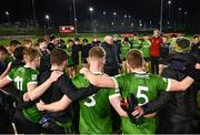 9 January 2024; Queens manager Conor Deegan speaks to his team after their victory in the Electric Ireland Higher Education GAA Sigerson Cup Round 1 match between Queens University Belfast and DCU at The Dub at Queen’s Sport in Belfast. Photo by Ramsey Cardy/Sportsfile