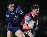 9 January 2024; Cillian O'Curraoin of University of Galway in action against Cian Hanley of TU Dublin during the Electric Ireland Higher Education GAA Sigerson Cup Round 1 match between University of Galway and TU Dublin at Dangan in Galway. Photo by Stephen Marken/Sportsfile