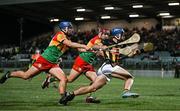 9 January 2024; Paul Cody of Kilkenny in action against Diego Dunne, left, and Jack McCullagh of Carlow during the Dioralyte Walsh Cup Round 2 match between Carlow and Kilkenny at Netwatch Cullen Park in Carlow. Photo by Sam Barnes/Sportsfile
